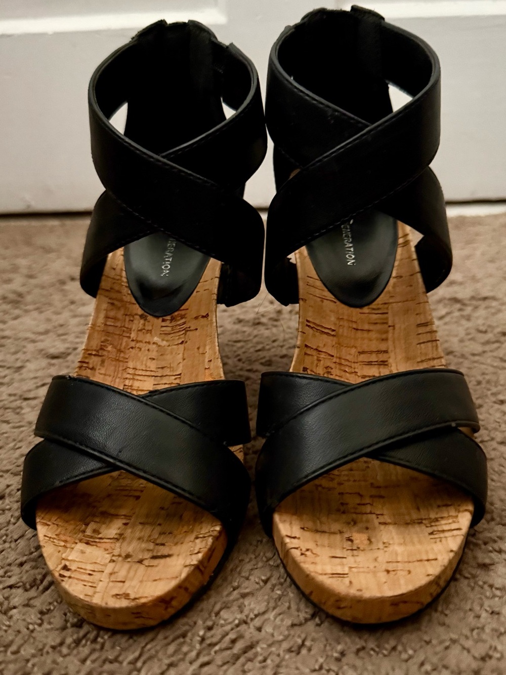 BCBG Black Cork Wedge Sandals with Cross Straps